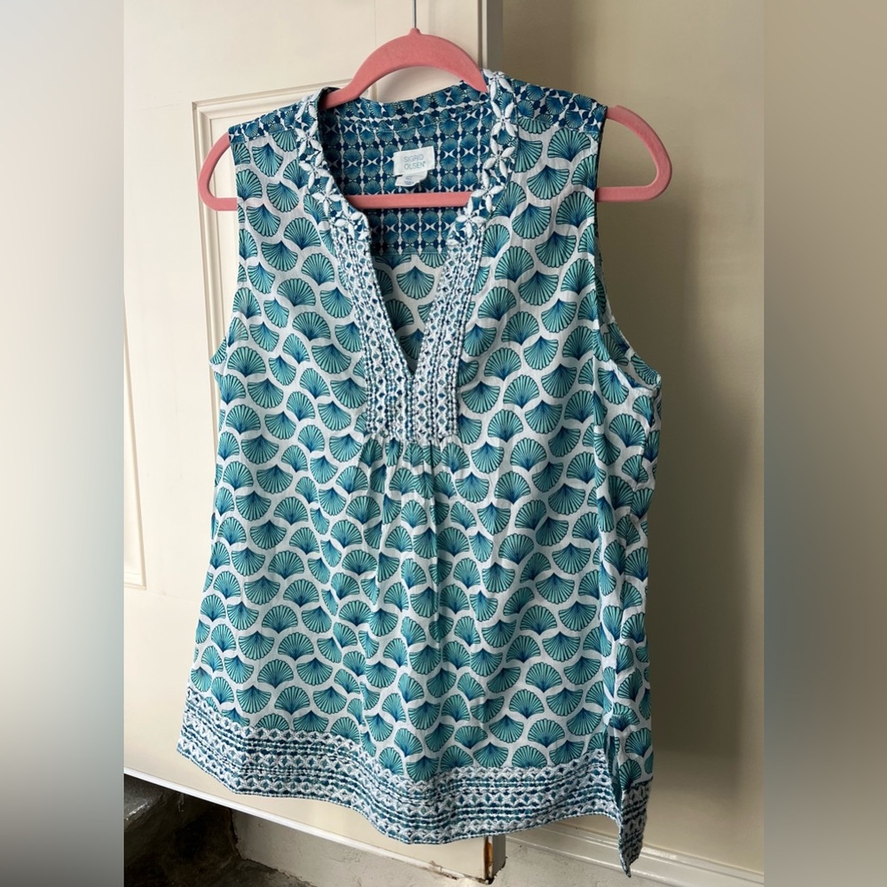Sigrid Olsen Summer White, Blue & Green Sleeveless Resort Tunic Tank top blouse